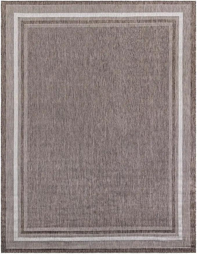 Unique Loom Outdoor Border Collection Area Rug - Soft Border (10' x 13' 1" Rectangle Brown/Ivory) by GreenHaven Gardens