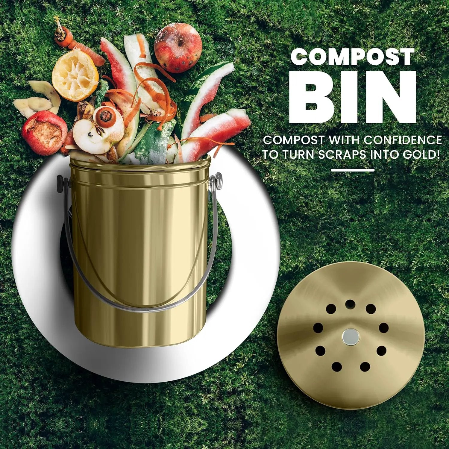 Utopia Kitchen Compost Bin for Kitchen Countertop - 1.3 Gallon Compost Bucket for Kitchen with Lid - Includes 1 Spare Charcoal Filter (Gold) by GreenHaven Gardens