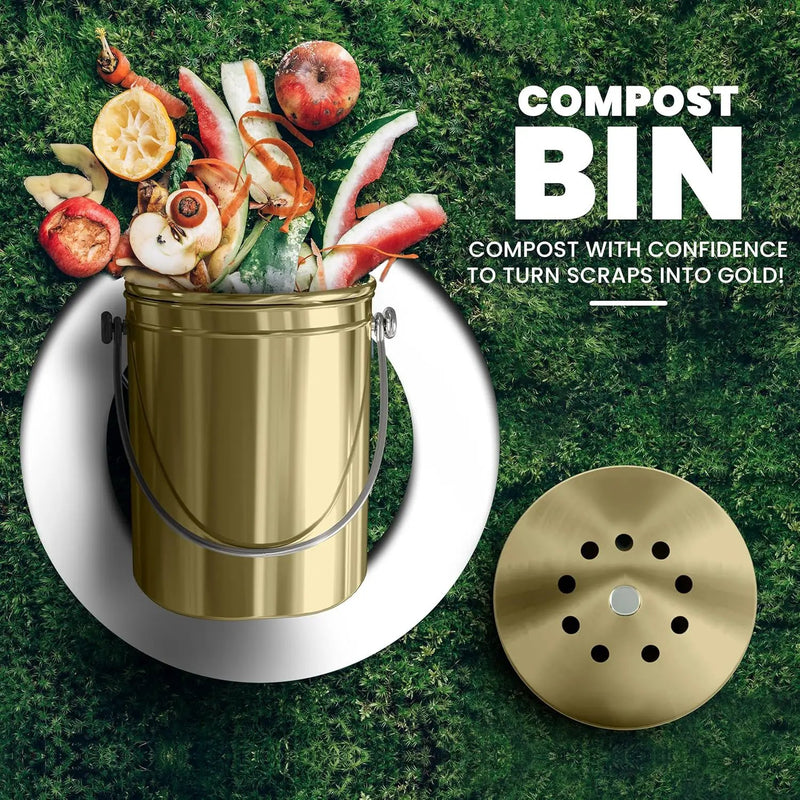 Utopia Kitchen Compost Bin for Kitchen Countertop - 1.3 Gallon Compost Bucket for Kitchen with Lid - Includes 1 Spare Charcoal Filter (Gold) by GreenHaven Gardens