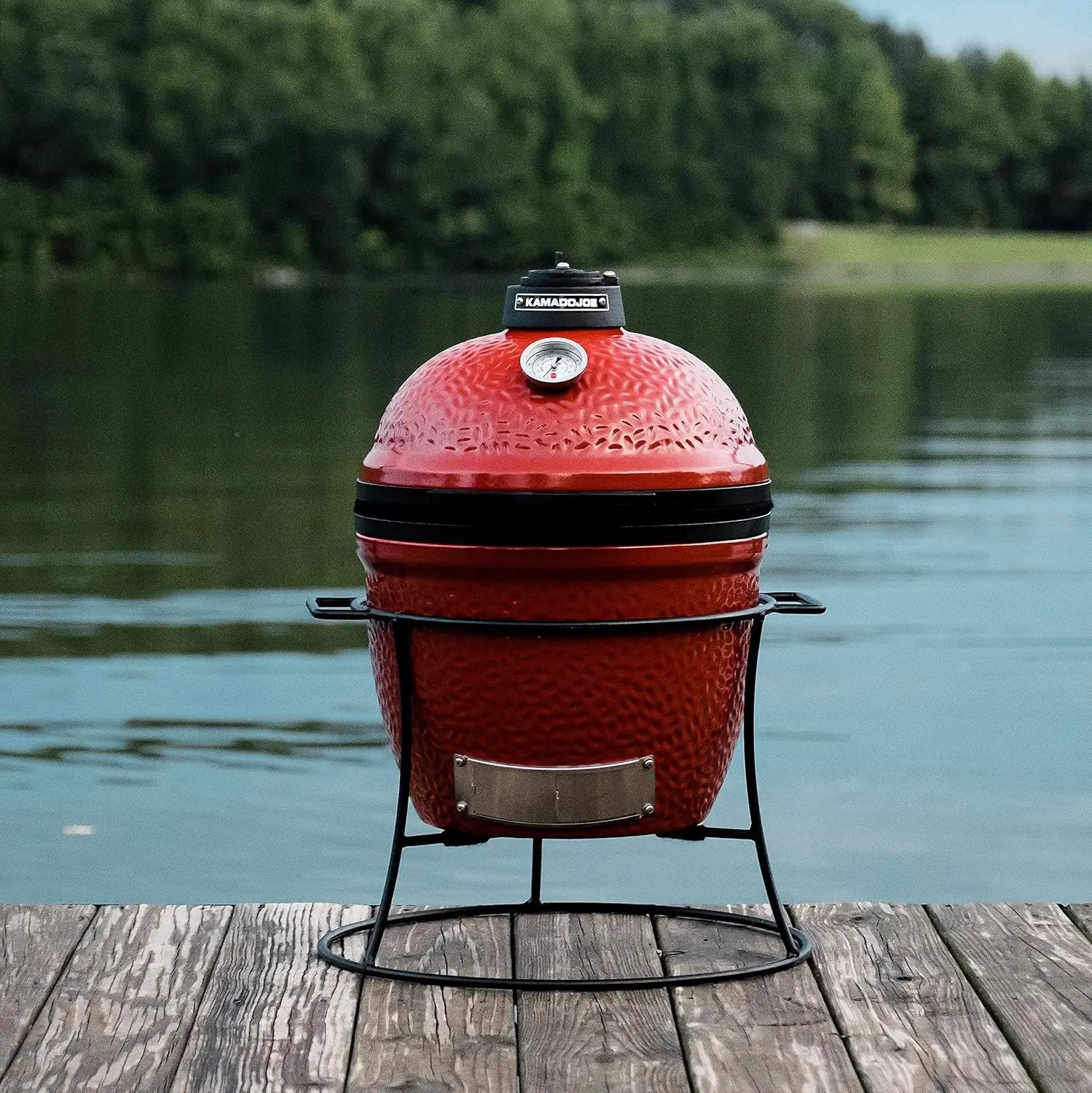 Kamado Joe KJ13RH Joe Jr. 13.5 inch Portable Charcoal Grill with Cast Iron Cart and Heat Deflectors, Blaze Red & Classic Accessories Veranda Water-Resistant 21 Inch Kamado Mini Ceramic BBQ Grill Cover by GreenHaven Gardens