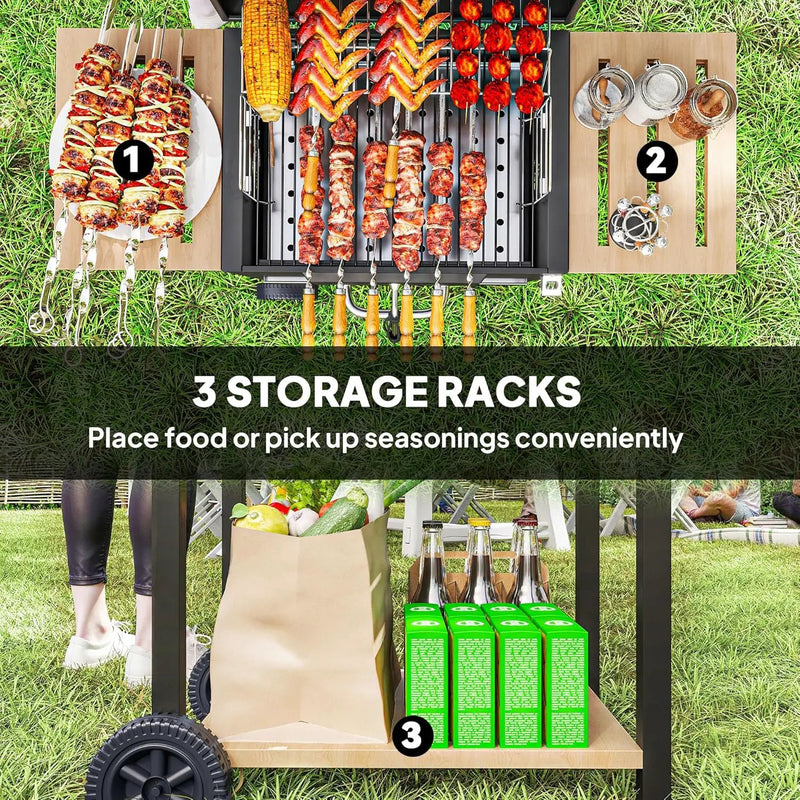 Outsunny Charcoal BBQ Grill with 245 sq. in. Cooking Area, Outdoor Barbecue Grill with Adjustable Charcoal Pan, 3 Shelves, Thermometer, Wheels for Patio, Backyard, Party, Picnic, Black by GreenHaven Gardens