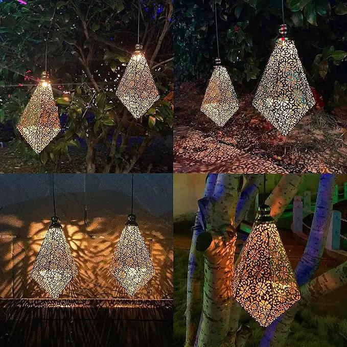 MAGGIFT 2 Pack Solar Hanging Lights, Solar Powered Retro Lantern with Handle, Warm White LED Christmas Garden Lights, Metal Diamond Shape Lamp Waterproof for Outdoor for Yard Tree Fence Patio by GreenHaven Gardens