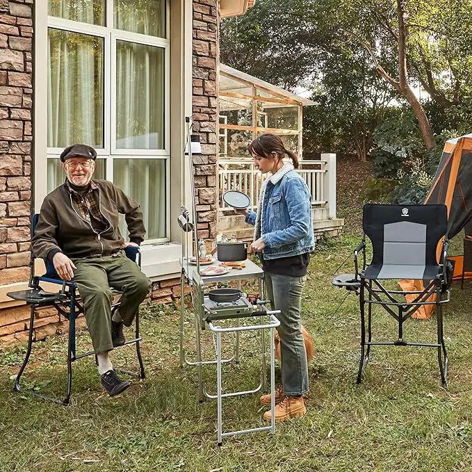 EVER ADVANCED Portable 30.7" Seat Height Tall Folding Chair Directors Chair High Foldable Bar Stool with Side Table for Makeup Artist, Camping, Sports Event, Craft Show, Supports 350LBS Blue Grey by GreenHaven Gardens