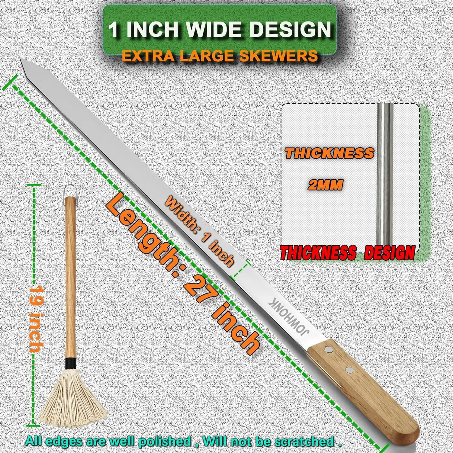 27" 304 Stainless Steel Skewers for Grilling,1 Inch Wide Extra Large Skewers for Kabobs with Wooden Handle,Metal Flat Barbecue Skewer Make Koobideh Brazilian-BBQ Skewer(4),BBQ Mop Brush(1) by GreenHaven Gardens