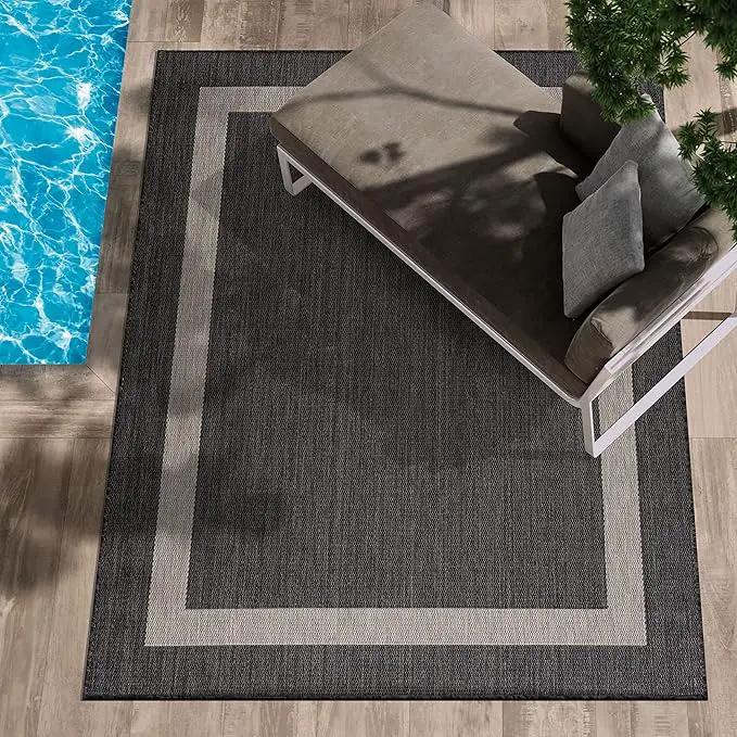 CAMILSON Outdoor Rug 9x12, Large Modern Outside Rugs for Patios Porches Waterproof Durable Washable Non-Shedding, Easy-to-Clean Indoor Outdoor Area Carpet (9 x 12, Bordered - Dark Gray/Light Gray) by GreenHaven Gardens