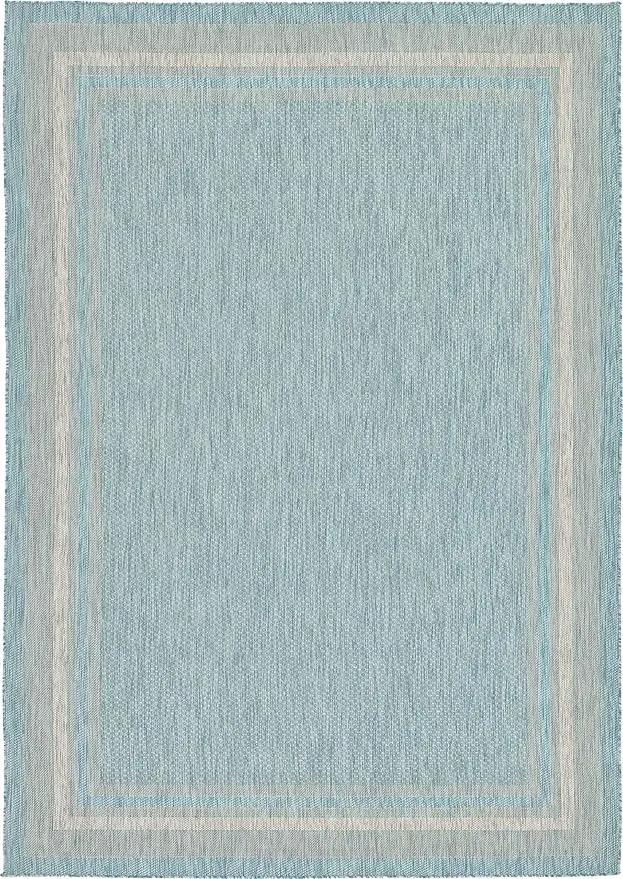 Unique Loom Outdoor Border Collection Area Rug - Soft Border (8' x 11' 4" Rectangle, Aquamarine/ Ivory) by GreenHaven Gardens