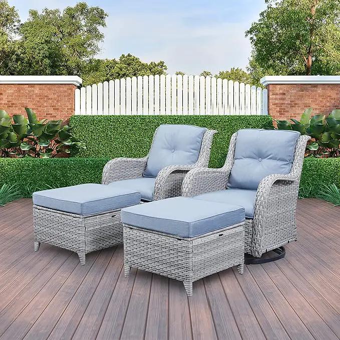 Outdoor Swivel Rocker Furniture 5 Pieces Patio Wicker Furniture Sets, Rattan Patio Swivel Glider Chairs with 2 Ottoman and Glass Side Table by GreenHaven Gardens