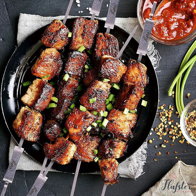 "FLAFSTER KITCHEN BBQ Skewers for Grilling - 16" Stainless Steel Flat Kebab Sticks with Push Bar, Reusable Metal Shish Kabob Skewers, Set of 6" by GreenHaven Gardens