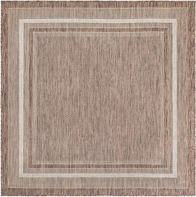 Unique Loom Outdoor Border Collection Area Rug - Soft Border (6' 1" Square Brown/Ivory) by GreenHaven Gardens