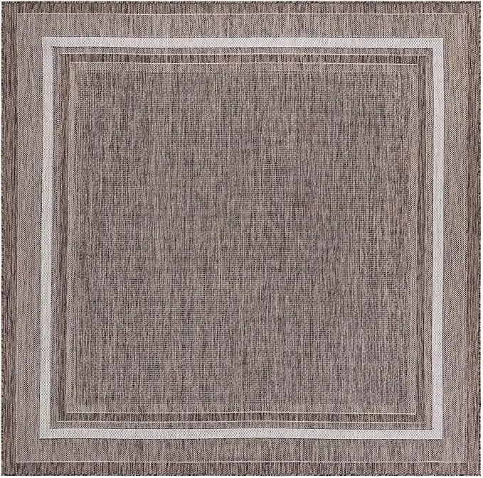 Unique Loom Outdoor Border Collection Area Rug - Soft Border (7' 10" Square Brown/Ivory) by GreenHaven Gardens