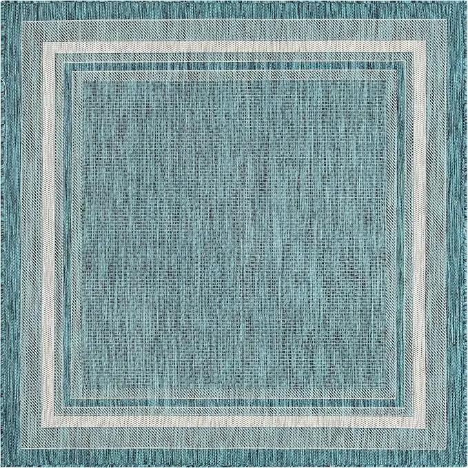 Unique Loom Outdoor Border Collection Area Rug - Soft Border (5' 1" Square, Teal/ Ivory) by GreenHaven Gardens