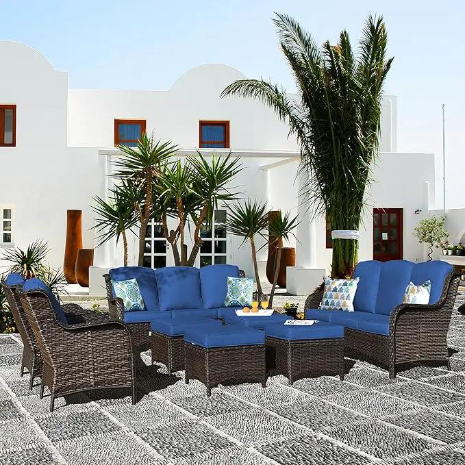 ovios 8 Pieces Patio Furniture Set, Outdoor Wicker Sofas with 2 Chairs, 4 Ottomans and Comfy Cushions, All Weather High Back Couch Set for Deck Porch, Brown Rattan, Navy Blue by GreenHaven Gardens