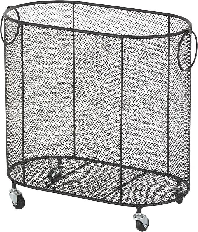 Deco 79 Metal Storage Cart Oval Mesh Wire Rolling Laundry with Ring Handles, 21" x 12" x 21", Black by GreenHaven Gardens