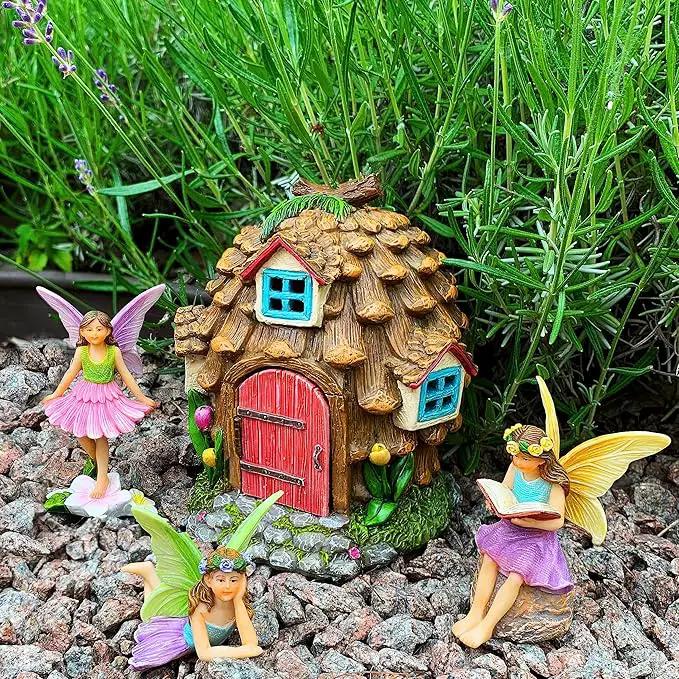 Mood Lab Fairy Garden - Pinecone Fairy House Kit of 4 pcs - Miniature Figurines & Accessories Set - Outdoor or House Decor by GreenHaven Gardens