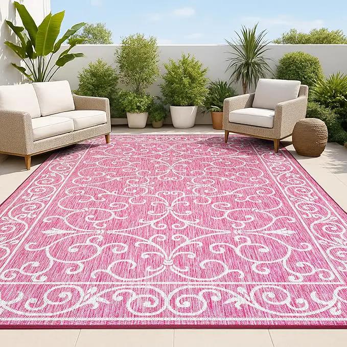 JONATHAN Y SMB106J-4 Charleston Vintage Filigree Textured Weave Indoor Outdoor Area Rug, Classic Traditional Easy-Cleaning,Bedroom,Kitchen,Backyard,Patio,Non Shedding, 4 X 6, Fuchsia/Light Gray by GreenHaven Gardens