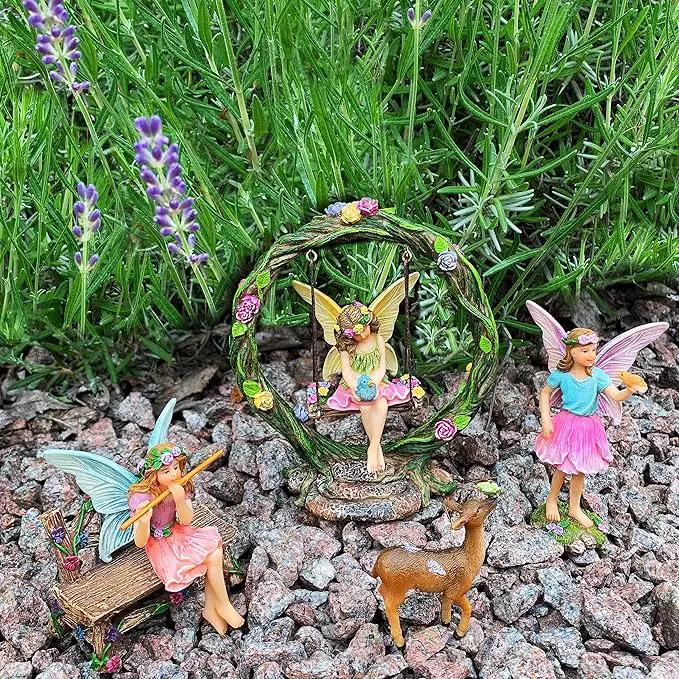 Mood Lab Fairy Garden Kit - Swing Set of 6 pcs Miniature Figurines & Accessories - Hand Painted for Outdoor or House Decor by GreenHaven Gardens