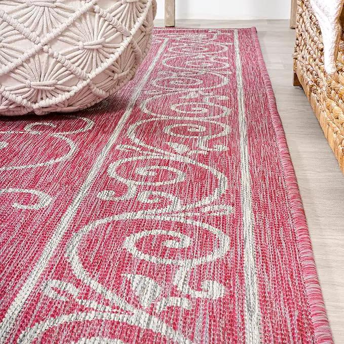 JONATHAN Y SMB106J-5R Charleston Vintage Filigree Textured Weave Indoor Outdoor Area Rug, Coastal, Bohemian, Classic Easy Clean,Bedroom,Kitchen,Backyard,Patio, Non-Shed, Fuchsia/Light Gray, 5' Round by GreenHaven Gardens