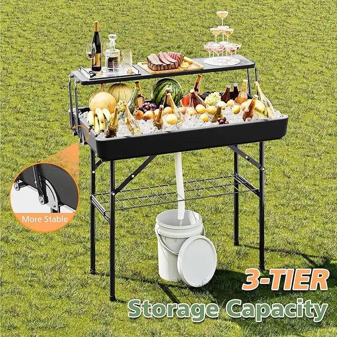 Outdoor Ice Cooler Folding Table with Extra Storage Shelf,Ice Tables for Parties with Drain,Cooler Server for Camping, Picnic, Wedding, BBQ, Black by GreenHaven Gardens