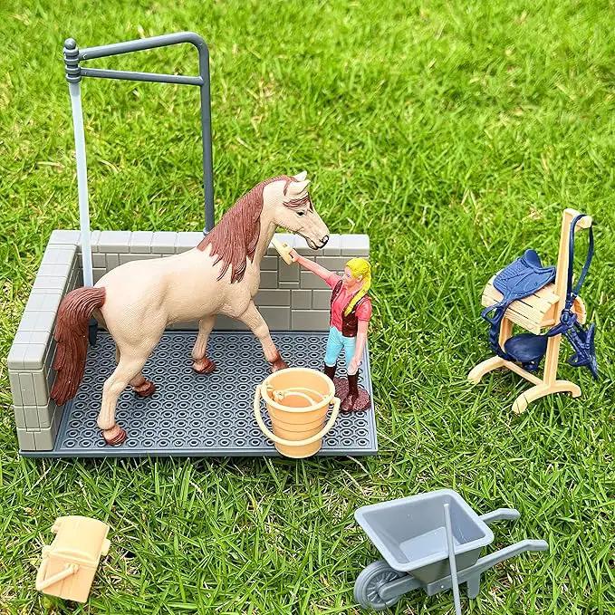 Peagrav Horse Stable Playset with Rider, Wash Area, Fence & Animal Figures - Gifts for Girls & Boys Aged 3-8 by GreenHaven Gardens
