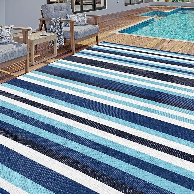 Outdoor Waterproof Rug 8'x10' Plastic Straw Rugs Washable Reversible Floor Mat Blue Stripe Carpet for Camping RV Deck Entryance Porch Picnic Balcony Beach Backyard by GreenHaven Gardens