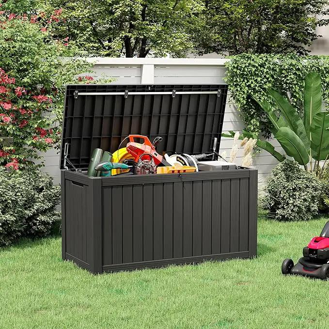 NUNU LAB 150 Gallon Outdoor Storage Box,Resin Large Sturdy Deck Box, Backyard Outside Storage Box Waterproof with Double Wall Panels,Package Delivery Garden Outdoor Hose Storage Bin by GreenHaven Gardens