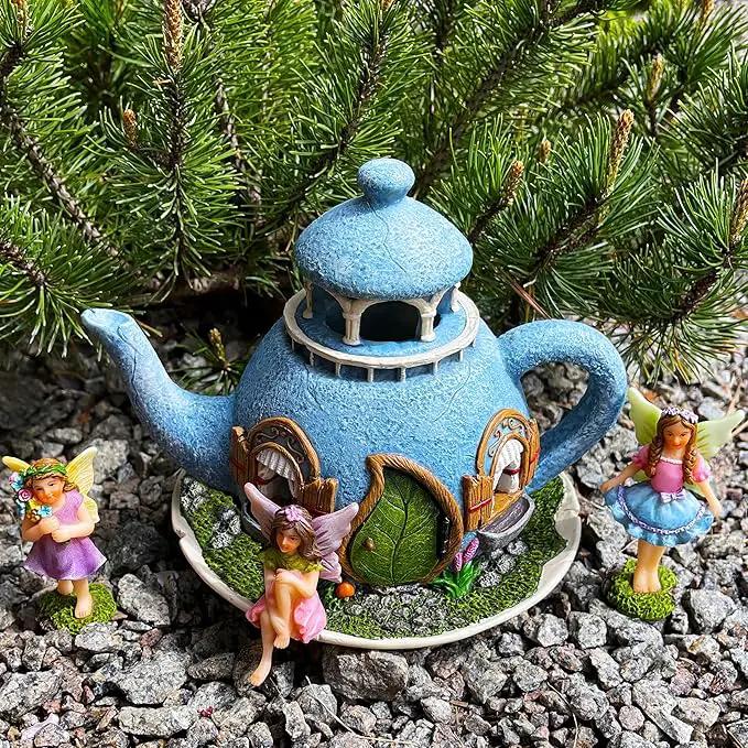 Mood Lab Fairy Garden Miniature Teapot House Kit - Figurines and Accessories Set of 4 pcs - 7.1 Inch Tall House by GreenHaven Gardens
