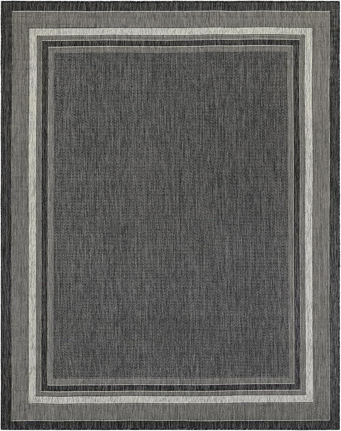 Unique Loom Outdoor Border Collection Area Rug - Soft Border (7' 10" x 10' Rectangle Black/Ivory) by GreenHaven Gardens