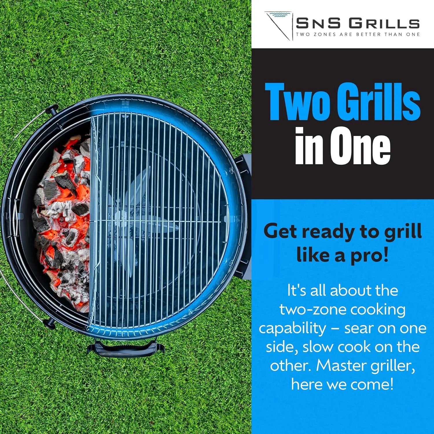 SnS Grills Original Kettle Charcoal Grill with Patented Slow 'N Sear Deluxe Insert and EasySpin Grate for Two-Zone Cooking, Low ‘N Slow Smoking and BBQing - Black 22-Inch by GreenHaven Gardens