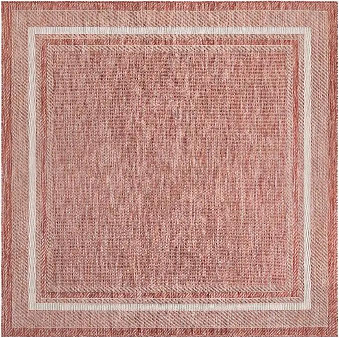 Unique Loom Outdoor Border Collection Area Rug - Soft Border (7' 10" Square Rust Red/Ivory) by GreenHaven Gardens