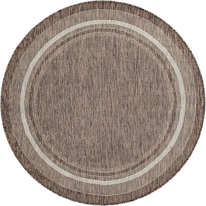Unique Loom Outdoor Border Collection Area Rug - Soft Border (5' 3" Round Brown/Ivory) by GreenHaven Gardens