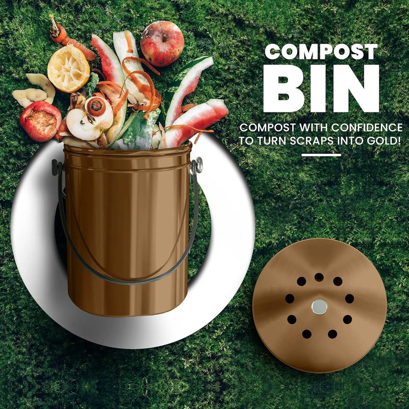 Utopia Kitchen Compost Bin for Kitchen Countertop, 1.3 Gallon Compost Bucket for Kitchen with Lid, Includes 1 Spare Charcoal Filter (Bronze) by GreenHaven Gardens