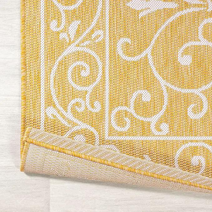 JONATHAN Y SMB106L-5SQ Charleston Vintage Filigree Textured Weave Indoor Outdoor Area Rug, Classic Traditional Transitional Easy Cleaning,Bedroom,Kitchen,Backyard,Patio, Yellow/Cream, 5' Square by GreenHaven Gardens