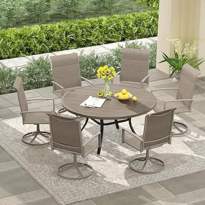 DIFY 48" Round Patio Dining Table for 6, Outdoor Metal Dining Table with 1.57" Umbrella Hole for Backyard Lawn Garden, Grey Wood-Like by GreenHaven Gardens