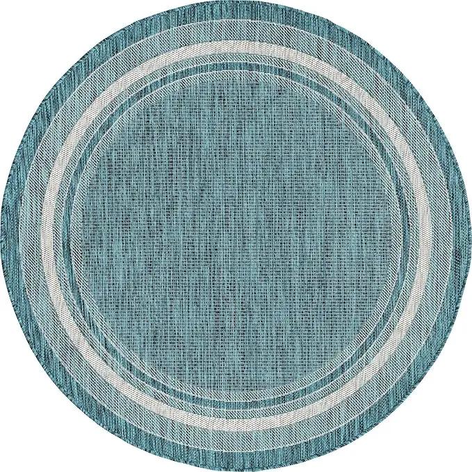Unique Loom Outdoor Border Collection Area Rug - Soft Border (5' 1" Round, Teal/ Ivory) by GreenHaven Gardens