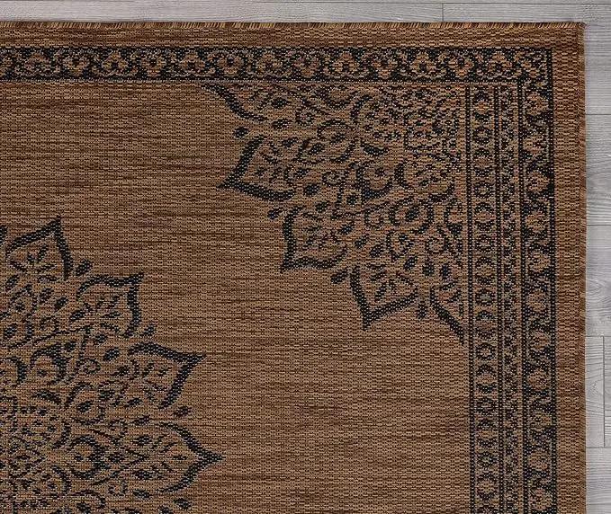 CAMILSON Outdoor Rug, 10x14 Medallion Nut Brown Black Modern Area Rugs for Large Indoor and Outdoor Patios, Kitchen and Hallway Mats, Washable Porch Deck Outside Carpet (Nut Brown Black, 10 x 14) by GreenHaven Gardens