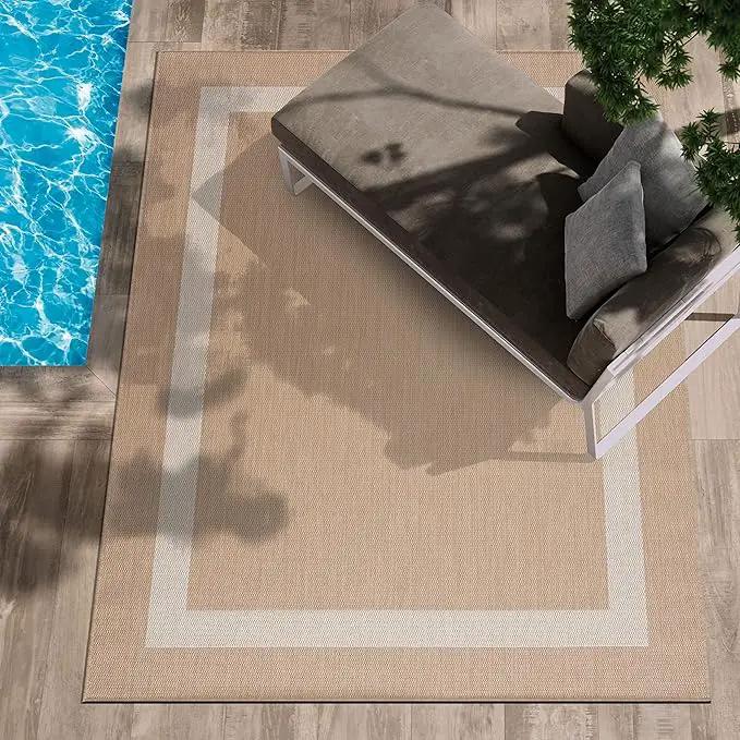 CAMILSON Outdoor Rug 9x12, Large Modern Outside Rugs for Patios Porches Waterproof Durable Washable Non-Shedding, Easy-to-Clean Indoor Outdoor Area Carpet (9 x 12, Bordered - Beige/White) by GreenHaven Gardens