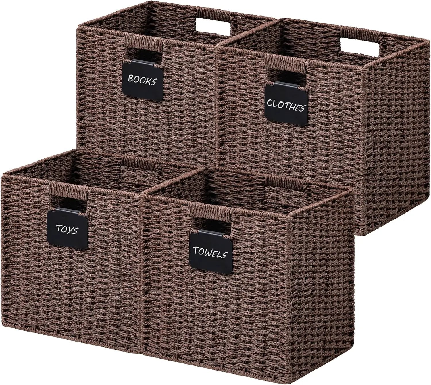 UBBCARE 4 Pack Wicker Basket, 12×12 Storage Cubes with Label, Foldable Cube Storage Bin with Handle, Square Storage Basket for Shelves, Woven Paper Rope Basket for Organizing, Brown by GreenHaven Gardens