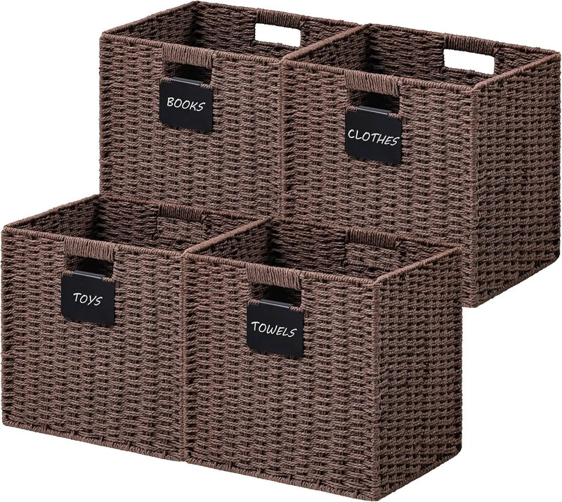 UBBCARE 4 Pack Wicker Basket, 12×12 Storage Cubes with Label, Foldable Cube Storage Bin with Handle, Square Storage Basket for Shelves, Woven Paper Rope Basket for Organizing, Brown by GreenHaven Gardens