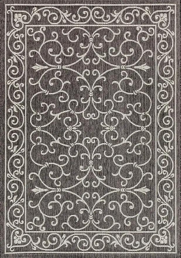 JONATHAN Y SMB106G-8 Charleston Vintage Filigree Textured Weave Indoor Outdoor Area Rug Classic Coastal Easy Cleaning Bedroom Kitchen Backyard Patio Non Shedding, 8 X 10, Black/Gray by GreenHaven Gardens