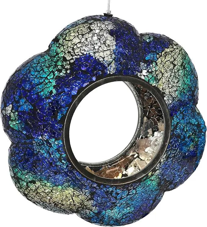 Sunnydaze 10-Inch Glass Mosaic Hanging Bird Feeder for Outdoors - Fly-Through Wild Bird Feeder - Indigo Flower Mosaic