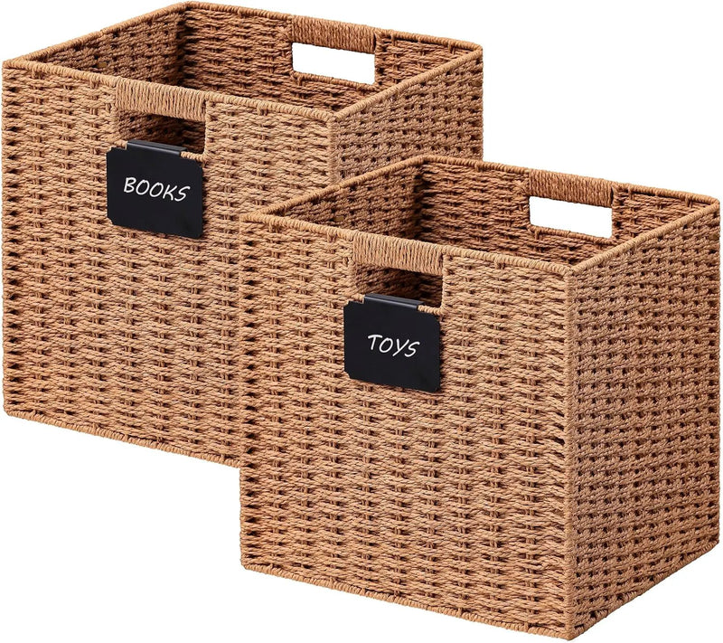 UBBCARE 2 Pack Wicker Basket, 10.5×10.5 Storage Cubes with Label, Foldable Cube Storage Bin with Handle, Square Storage Basket for Shelves, Woven Paper Rope Basket for Organizing, Caramel by GreenHaven Gardens