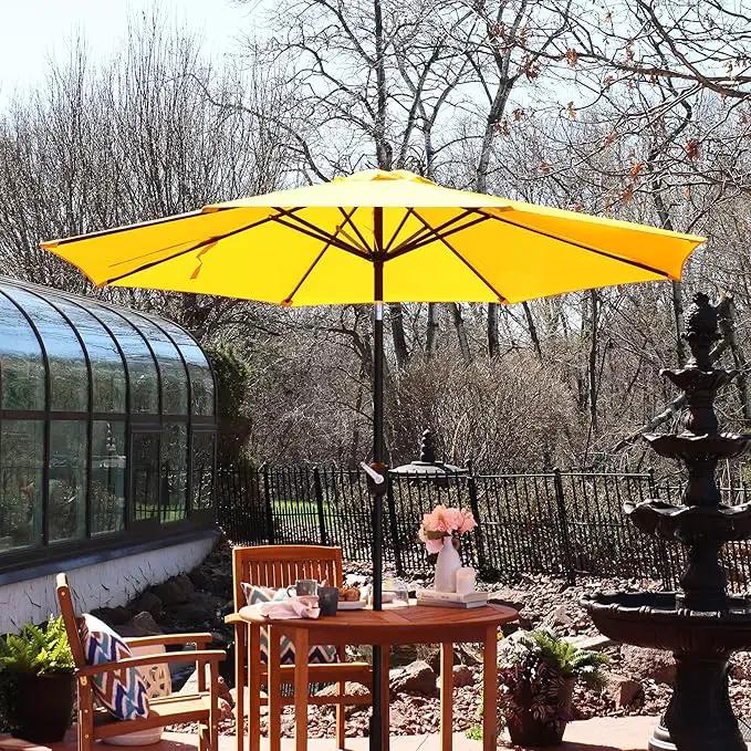 Sunnydaze Outdoor Patio Umbrella - Polyester Table Market Umbrella with Push-Button Tilt and Crank - 8 Sturdy Ribs - Gold - 9ft by GreenHaven Gardens