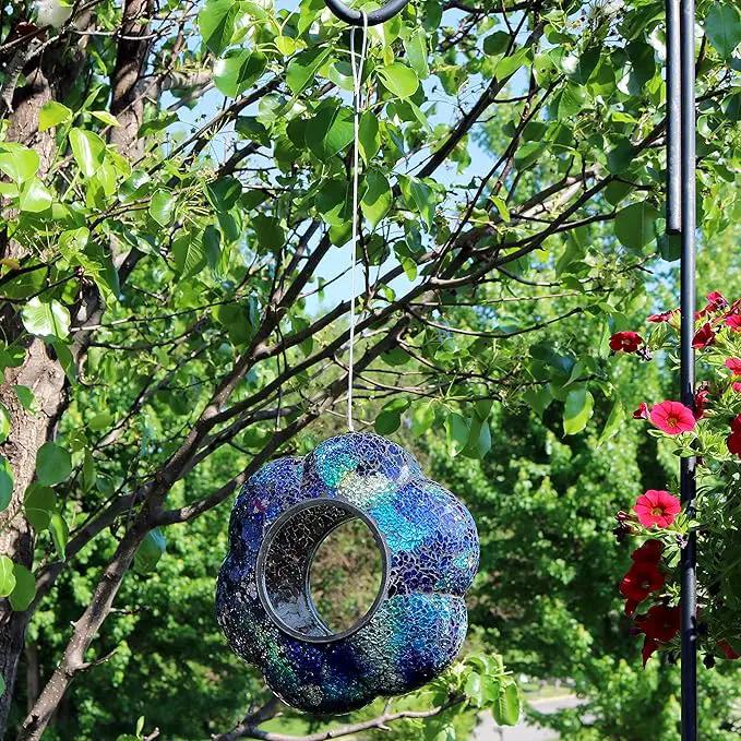 Sunnydaze 10-Inch Glass Mosaic Hanging Bird Feeder for Outdoors - Fly-Through Wild Bird Feeder - Indigo Flower Mosaic by GreenHaven Gardens