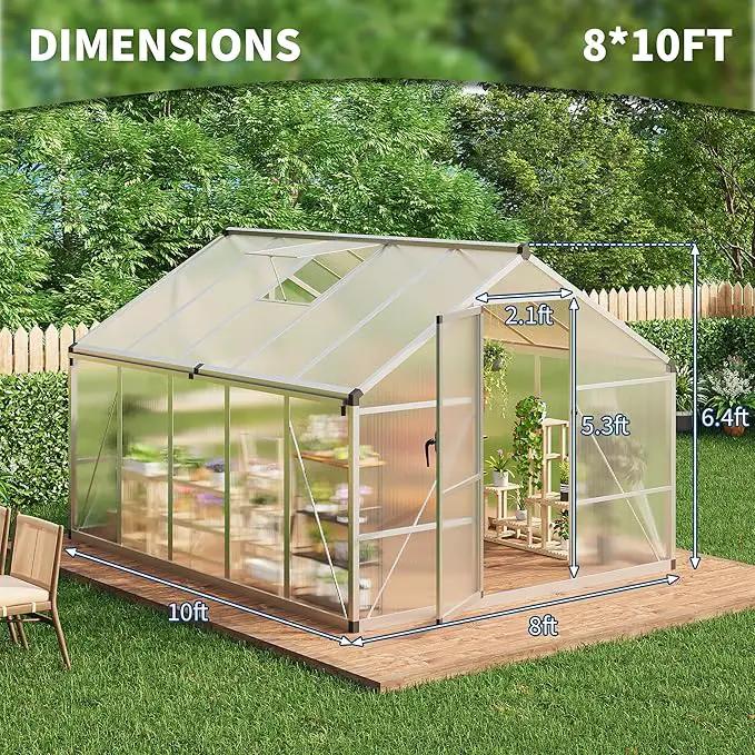 8 x 10 FT Greenhouse, Greenhouses for Outside, Polycarbonate Greenhouse with Aluminum Frame, Lockable Door and Ajustable Roof Vent for Backyard, Green Houses for Outside Garden Backyard, Patio by GreenHaven Gardens