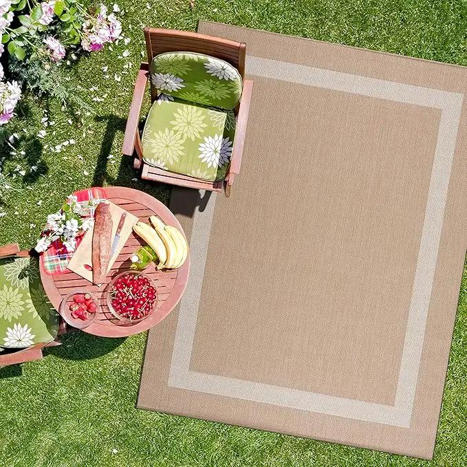 CAMILSON Outdoor Rug 9x12, Large Modern Outside Rugs for Patios Porches Waterproof Durable Washable Non-Shedding, Easy-to-Clean Indoor Outdoor Area Carpet (9 x 12, Bordered - Beige/White) by GreenHaven Gardens