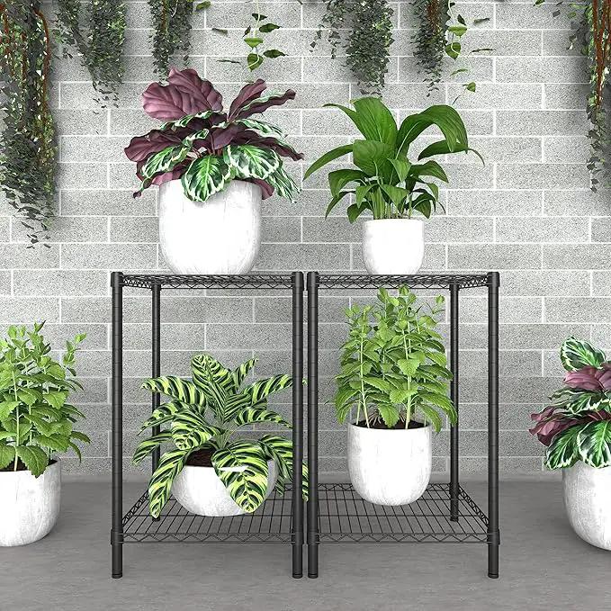 Xiofio 2 Tier Metal Plant Stand for Indoor and Outdoor Plant Shelf, Multi-Functional Adjustable Shelf Plant Stands Flower Stands With hanger rod for Living Room Balcony and Garden,Black by GreenHaven Gardens