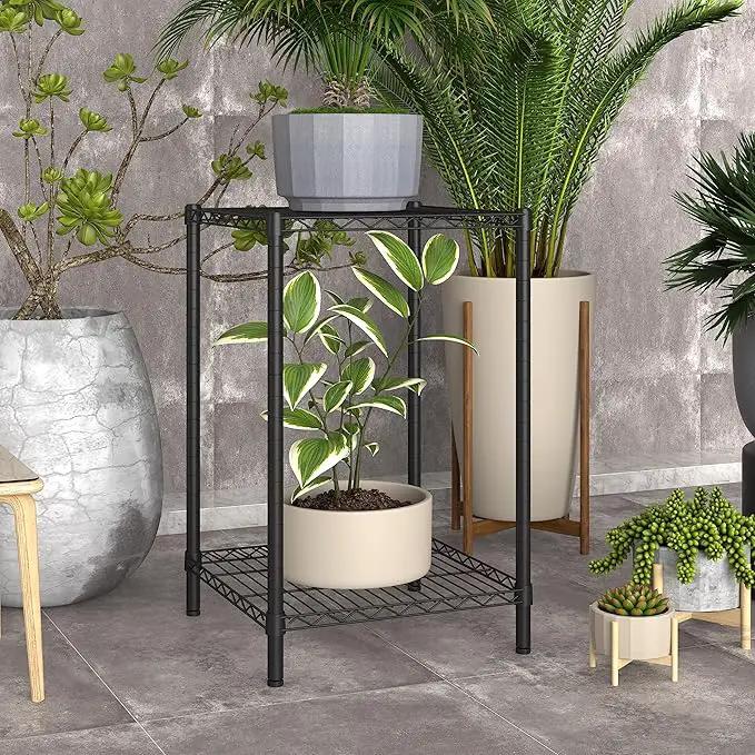 Xiofio 2 Tier Metal Plant Stand for Indoor and Outdoor Plant Shelf, Multi-Functional Adjustable Shelf Plant Stands Flower Stands With hanger rod for Living Room Balcony and Garden,Black by GreenHaven Gardens