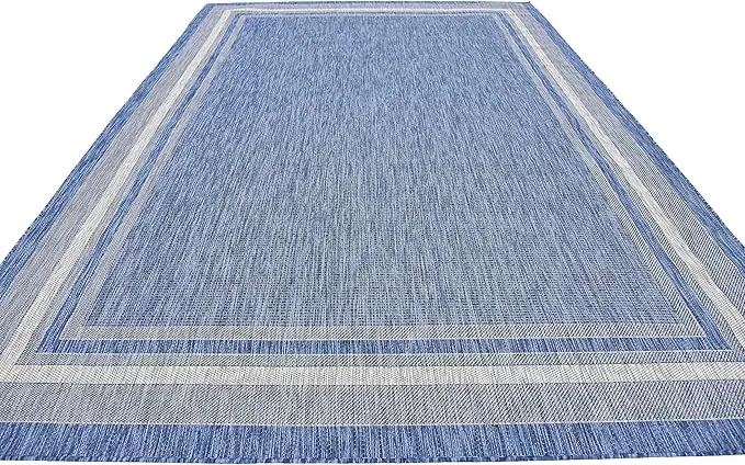 Unique Loom Outdoor Border Collection Area Rug - Soft Border (8' x 11' 4" Rectangle, Blue/ Ivory) by GreenHaven Gardens