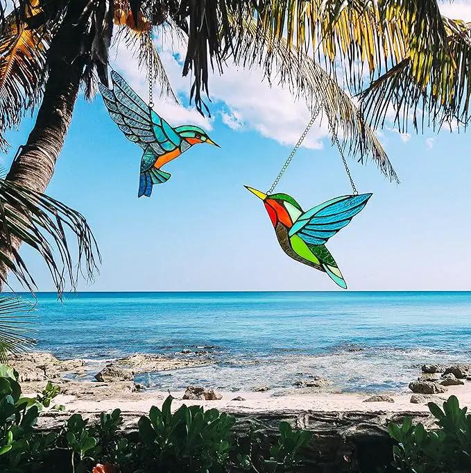 2 Pack Hummingbird Stained Glass Birds Window Hangings, Stained Glass Decorations,Bird Suncatcher for Window Decor Hummingbird Gifts for Mom,Bird Lovers by GreenHaven Gardens