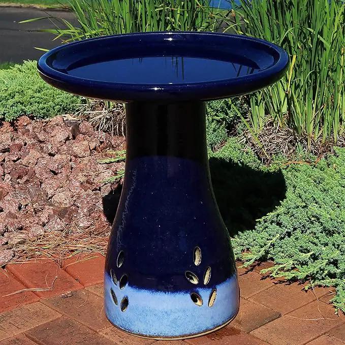 Sunnydaze 21" H Ceramic Bird Bath for Outside - Hand-Painted Outdoor Bird Bath Bowl, UV/Frost-Resistant Finish - Dark Blue - Cut Out Pedestal by GreenHaven Gardens